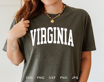 Virginia SVG, DXF, PNG, Jpg, Eps, Arched Varsity Letters Virginia Cricut Silhouette, Trendy Virginia Lovers Sublimation Design