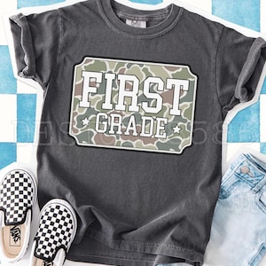 First Day of School Boys Outfit, Retro First Grade Camouflage Badge Design, Back to School Shirt Sublimation, Old School Camo PNG