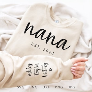Nana Est personalizado SVG, PNG, Eps, Dxf, Jpg, ano estabelecido personalizado e sublimação de nome na manga, presente moderno para o dia das mães Cricut