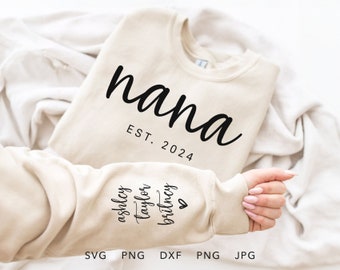 Custom Nana Est SVG, PNG, Eps, Dxf, Jpg, Personalized Established Year and Name On Sleeve Sublimation, Trendy Mother's Day Gift Cricut