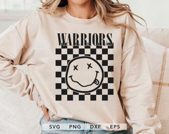 レトロ ウォリアーズ SVG、PNG、dxf、eps、ウォリアーズ スポーツ シャツ昇華デザイン、チェック柄ウォリアーズ スクール チーム スピリット Cricut