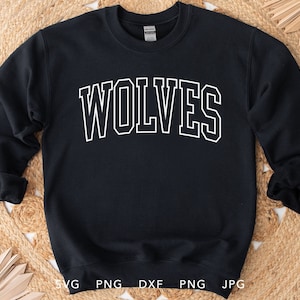 May include: Black sweatshirt with white text that reads "WOLVES" in a collegiate font.