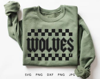 Wolves Checkered SVG, PNG, dxf, jpg, eps, Retro Wolves Team Spirit Sublimation Design, Wolves School Mascot Iron On