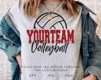 May include: A gray sweatshirt with a black and white volleyball graphic and the text "YOURTEAM Volleyball" in red. The text "PLEASE READ T&C BEFORE PURCHASE THIS CUSTOM ORDER" is printed below the graphic. The sweatshirt is on a white and gray patterned background.