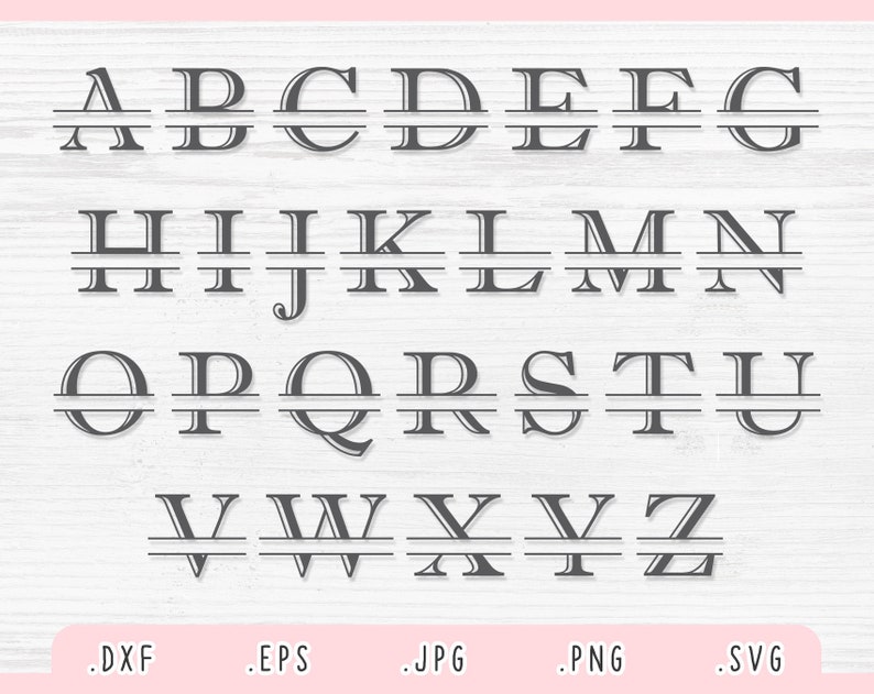 May include: A set of uppercase letters A through Z in a split monogram style. Each letter is outlined in black and has a horizontal line through the middle. The letters are arranged in three rows on a white woodgrain background.