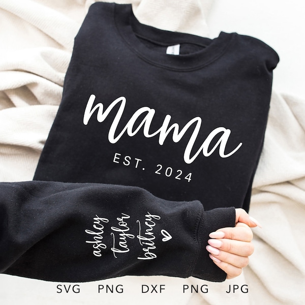 Aangepaste Mama Est SVG, PNG, Eps, Dxf, Jpg, gepersonaliseerd gevestigd jaar en naam op mouw sublimatie, trendy Moederdag cadeau Cricut