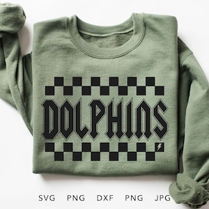 Dauphins à carreaux SVG, PNG, dxf, jpg, eps, conception en sublimation esprit d'équipe dauphins rétro, mascotte école dauphins fer sur