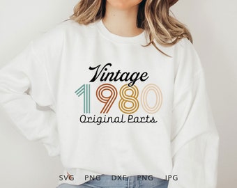 Vintage 1980 originele onderdelen SVG, PNG, DXF, Jpg, Eps, Retro verjaardag shirt sublimatie, klassieke verjaardag Cricut, leeftijd tot perfectie gesneden bestand