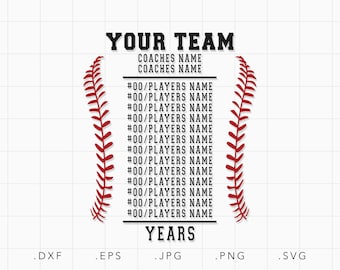 May include: A baseball-themed graphic with the text "YOUR TEAM" in bold black letters. Below, it lists "COACHES NAME" twice, followed by spaces for player names and numbers. Red stitching designs flank the text, and the word "YEARS" appears at the bottom.