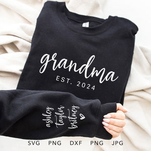 Grandma Est SVG personalizado, PNG, Eps, Dxf, Jpg, ano estabelecido personalizado e sublimação de nome na manga, presente moderno para o dia das mães Cricut