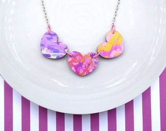 Sweethearts Necklace | set of three wooden hearts | 3 unique fabrics all created by me
