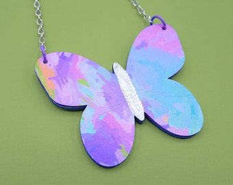 Large Butterfly Necklace 7cm wide | unique painterly design | fabric & wood