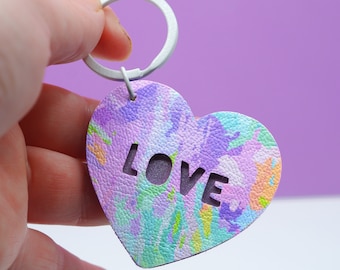 True Love double sided Keyring | eco plywood & faux leather | pastel painterly design