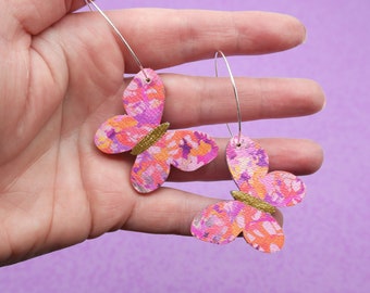 Colourful Butterfly Hoops | made by me in fabric & wood | purple, pink and orange painterly design