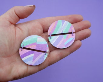 Modern 4cm Circular Stud Earrings | wooden backed brooch made using fabric designed by me | rainbow pastel