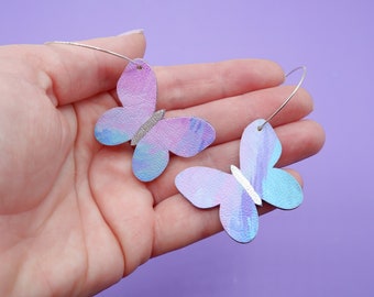 Dainty Butterfly Hoops | made with wood layered with fabric | purple, pink & turquoise painterly print