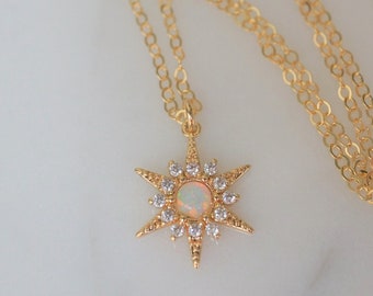 Opal & Cubic Zirconia Gold-Filled Starburst Necklace | Star Necklace | Layered Necklace