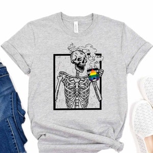 Skeleton Drinking Coffee Straight Ally Flag Shirt, LGBTQ Pride Shirt, Straight Ally Shirt, Straight Ally Outfit Gift