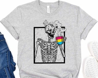 Skeleton Drinking Coffee Pansexual Flag Shirt, LGBTQ Pride Shirt, Pansexual Shirt, Pansexual Outfit, Pansexual Gift