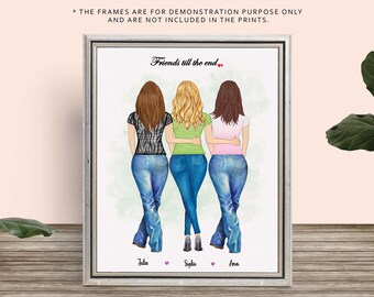 Custom Best Friend Portrait Personalized Best Friend Print Personalized Friends Till The End Print Birthday Gift for Besties Three Girls