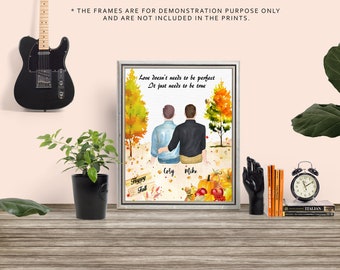 THANKSGIVING GAY COUPLE Wall Art, Personalized Gay Couple Print, Pumpkin Fall Season Wall Art, Pumpkin Custom Gay Pride Fall season Portrait