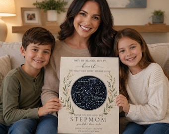 Personalized Stepmom Star Map, "Not By Blood But By Heart" Custom Night Sky Print, Bonus Mom Gift, Meaningful Gift for Stepmother
