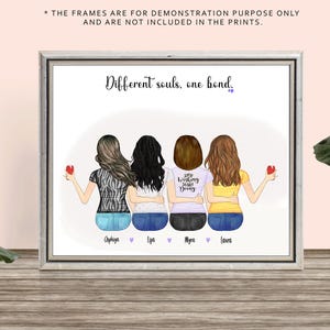 Custom Best Friends Print • Four Girls Art • Different Souls One Bond Quote • Personalized Friendship Gift • Girls Holding Hands Print .