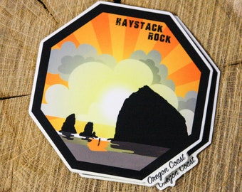 Haystack Rock Cannon Beach Oregon | Die Cut Sticker | Oregon Coast | Pacific Northwest | Octagon Badge Sticker | Beach Sticker | Graphic art