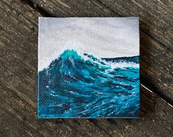 Mini Canvas Original Acrylic Art with easel Blue oceam wabe, Miniature painting on Canvas, Tiny paintings on canvas