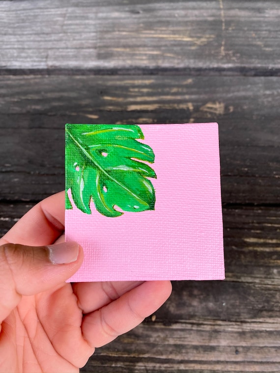 Original Mini Canvas Painting, Tropical Plant, Monstera Leaf Green on Pink  Background, Miniature Paintings, Tiny Acrylic Paintings on Canvas - Etsy