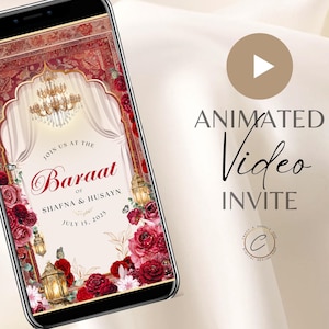Moslim bruiloft uitnodiging digitale video paar illustratie, luxe Mughal roodgouden bloemen aangepaste geanimeerde islamitische Nikkah Walima mp4-kaart