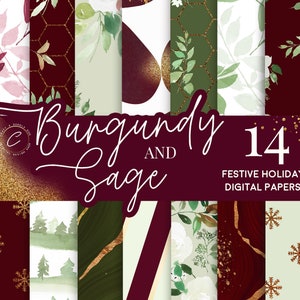 Burgundy Digital Holiday Paper Pack Download / Acquerello Floreale Scrapbook Patterns / Vino Rosso Verde Oro Sfondo, Glitter Texture Marmo