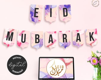 Eid Mubarak Bunting / Eid Al Adha Saludos Banner Decoración / Fiesta temática / Colorido Islámico DIY decoración de arte de la pared
