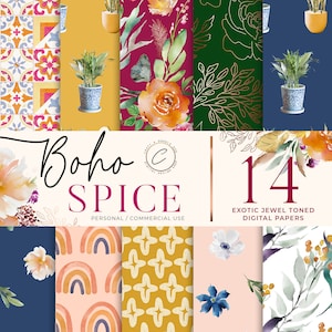 Watercolor Boho Digital Paper Commercial Use, Exotic Oriental Tile, Tropical Floral Leaf, Moroccan Pattern, Summer Graphics Set Download