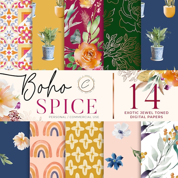 Watercolor Boho Digital Paper Commercial Use, Exotic Oriental Tile, Tropical Floral Leaf, Moroccan Pattern, Summer Graphics Set Download