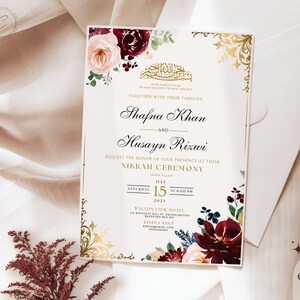 Elegant Muslim Wedding Invitation Digital Download, Gold Beige Burgundy Floral Nikkah Invite Editable Walima Card, Islamic Reception Evite