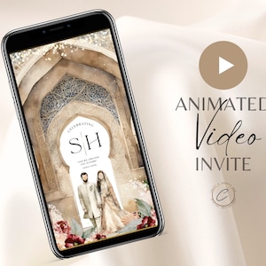 Muslimische Hochzeitseinladung Digital Video Paar Illustration Traditionelle Gold Blumen, Benutzerdefinierte Telefon Animierte Islamische Nikkah Walima Invite MP4