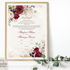 Editable Nikkah Contract, Gold Burgundy Floral Nikahnama Digital Download, Customized Islamic Marriage Certificate, Muslim Wedding Gift