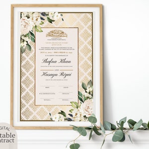 Editable Nikkah Contract Template, Digital Gold White Floral NIKAH NAMA, Customized Islamic Marriage Certificate, Muslim Couple Wedding Gift