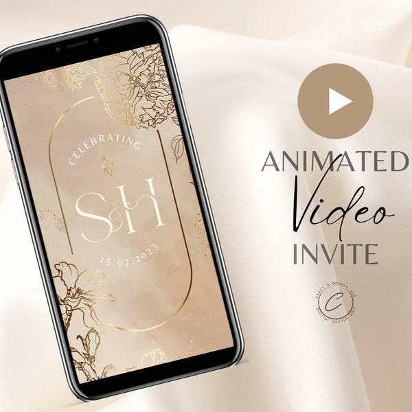 Faire-part de mariage musulman vidéo numérique, animation personnalisée Nikah inviter SMS électronique beige or floral, personnalisé Walima Smartphone Evite