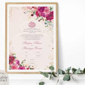 Editable Nikkah Contract, Luxury Gold Pink Floral Nikahnama Digital Download, Customized Islamic Marriage Certificate, Muslim Wedding Gift