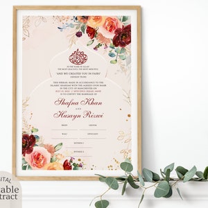 Bearbeitbarer Nikkah-Kontrakt, warmer Burgunder Blumen Nikahnama digitaler Download, personalisierte islamische Heiratsurkunde, muslimisches Hochzeitsgeschenk