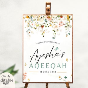 Editable Aqeeqah Welcome Sign Digital Template, Custom Baby Girl Islamic Birth Announcement Aqiqah Poster Decor, Floral Baby Shower Signage