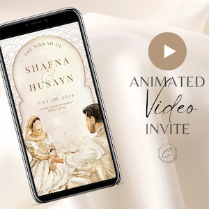 Muslim Wedding Invitation Digital Video Cream Beige Floral, Custom Animated Nikah Invite MP4, Electronic Islamic Walima Couple Illustratrion