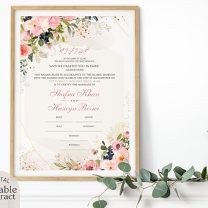 Nikkah Contract Template, Cream Blush Pink Floral Nikahnama Digital Download, Editable Islamic Marriage Certificate, Muslim Wedding Gift