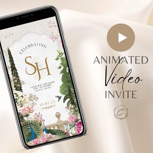 Moslim bruiloft uitnodiging digitale video Mughal Garden bloemen, aangepaste geanimeerde Nikah invite elektronische sms, islamitische Walima smartphone Evite