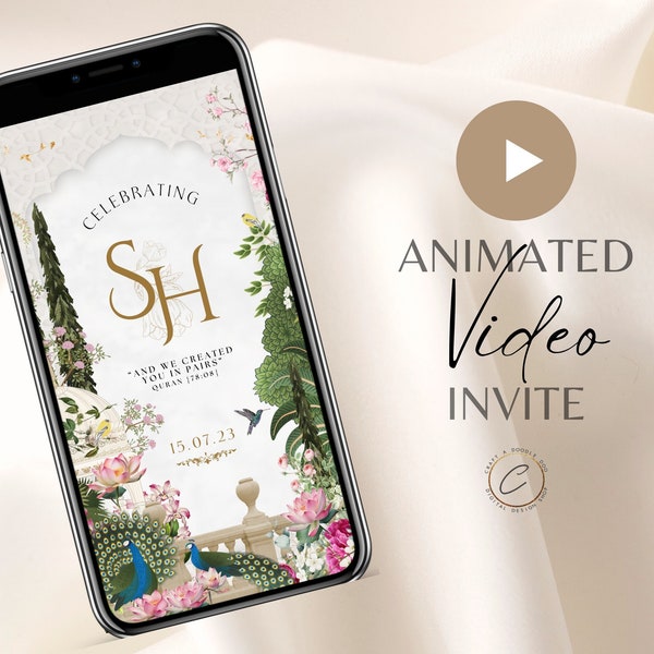 Muslim Wedding Invitation Digital Video Mughal Garden Floral, Custom Animated Nikah Invite Electronic SMS, Islamic Walima Smartphone Evite