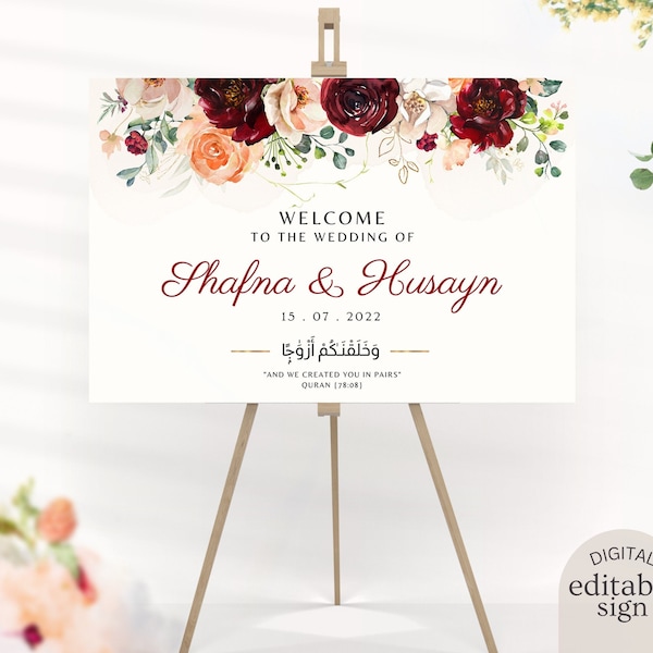 Muslim Wedding Welcome Sign Floral Burgundy Blush EDITABLE DIGITAL DOWNLOAD, Gold Nikah Announcement Poster, Walima Reception Board Signage