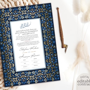 Nikkah Contract Digital Template Navy Blue Gold, Traditional Islamic Marriage Nikah Certificate, Muslim Couple Anniversary Gift Bride Groom