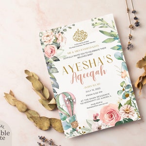 Pink Baby Girl Aqeeqah Invitation Digital Download, Editable Islamic Unisex Birth Announcement Invite, Printable Custom Floral Aqiqah Card